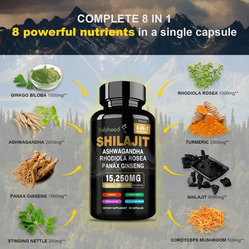 Vista 3 de Shilajit para hombres/mujeres – Orgánico puro del Himalaya, cápsulas de Shilajit con Ashwagandha, suplementos de 60 cápsulas alternativas a