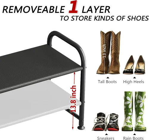 Vista 5 de INGIORDAR Zapatero 2 Niveles Organizador Largo de Almacenamiento Ancho Estante de Zapatos de Metal para Clóset Entrada Negro