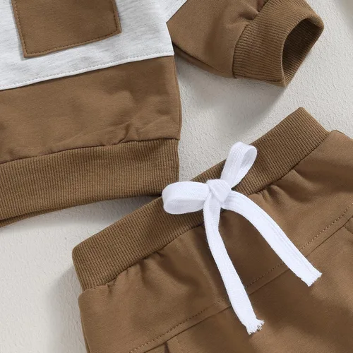 Vista 7 de Ursobutegl Ropa para bebé niño pequeño, sudadera con capucha y bloques de color, 2 piezas, sudadera para otoño e invierno