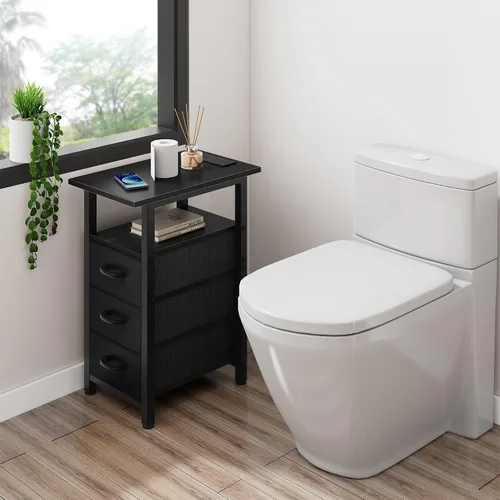 Vista 9 de Vagusicc Mesita de noche negra con estación de carga y luces LED, mesa auxiliar estrecha, mesita de noche LED con 3 cajones de tela para dormitorio