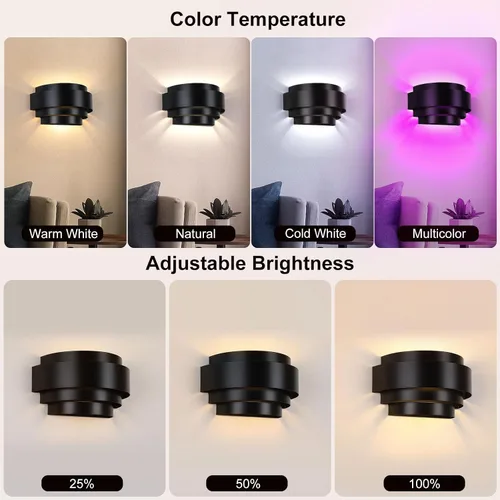 Vista 2 de Lightess Juego de 2 Apliques de Pared, Luces de Pared Recargables con Control Remoto y Bombillas RGB, Aplique de Pared Negro con Batería