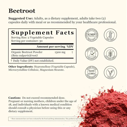 Vista 4 de Remolacha de 1300 mg – Vegano – Sin OMG – Remolacha pura – Apoya la circulación sanguínea y la energía – 60 cápsulas vegetales – Fabricado