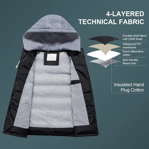 Vista 4 de CREATMO US Chaleco de invierno para hombre, para exteriores, con capucha, extraíble, acolchado, sin mangas, chaleco