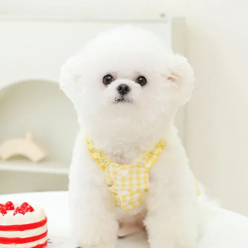Vista 5 de Vestido para perro con manga abombada, amarillo limón, girasol, piña, a cuadros, ropa de verano para perros pequeños y niñas Botón de amor