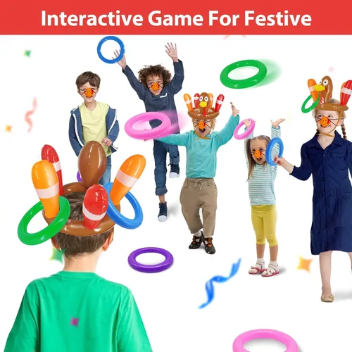Vista 5 de Paquete de 3 juegos de lanzamiento de anillos de Acción de Gracias, juguetes inflables para niños, juegos de lanzamiento de sombrero de pavo