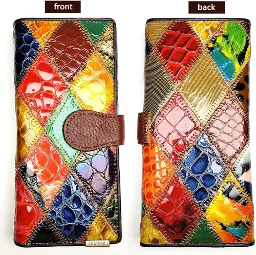 Vista 2 de Aslana - Cartera de piel auténtica para mujer, estilo retro, vintage, retazos en relieve, floral, bolso de mano, Diamante de charol largo y triple