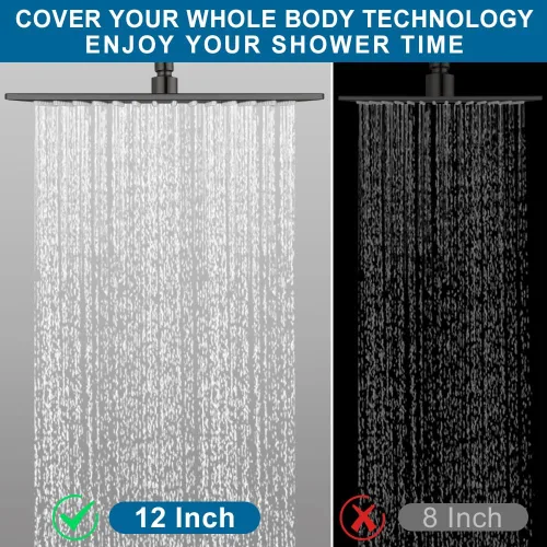 Vista 4 de ALL METAL - Cabezal de ducha de lluvia negro mate, cabezal de ducha grande de acero inoxidable de 12 pulgadas con brazo de extensión ajustable