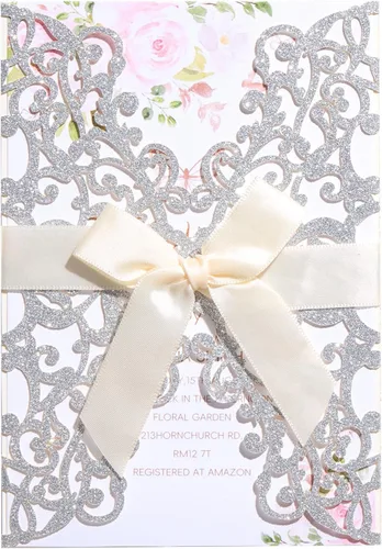 Vista 10 de AdasBridal 50 tarjetas de invitación de boda cortadas con láser con estampado floral, con sobre, hoja interior en blanco y cinta para boda Dorado