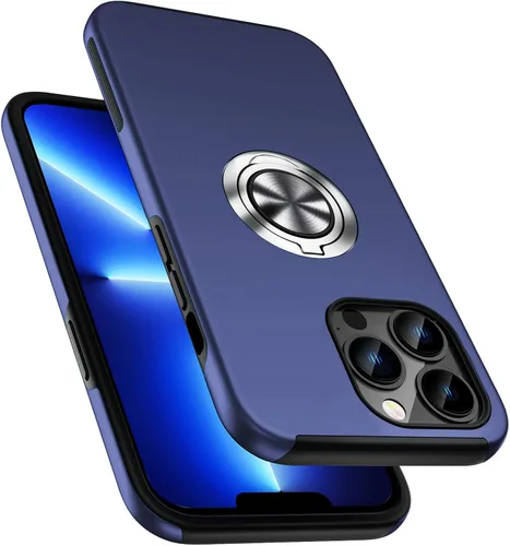Vista 9 de Funda a prueba de golpes para iPhone 13 de 6.1 pulgadas, [anillo de dedo integrado] funda de teléfono de grado militar con soporte de metal Negro