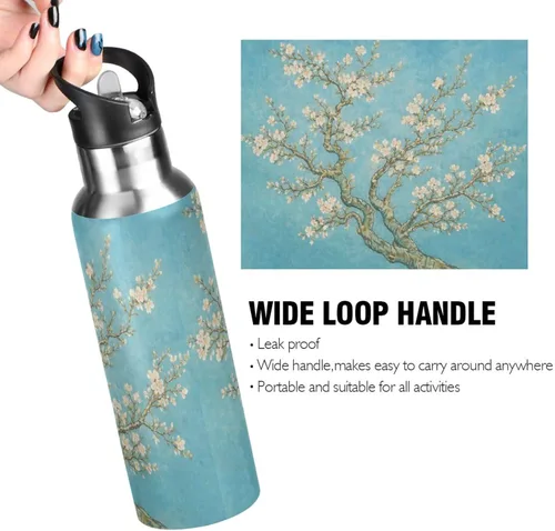 Vista 4 de ALAZA Botella de agua con diseño de flor de almendra con tapa de pajilla, botella térmica de acero inoxidable aislada al vacío, botella de agua