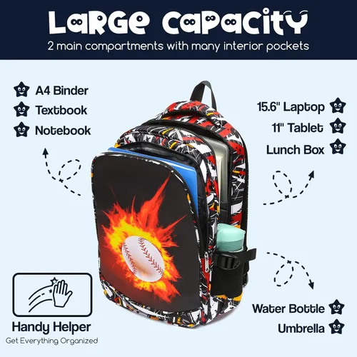 Vista 4 de FOKDUVB Mochila para niños, bolsas de libros escolares para jardín de infantes, primaria, preescolar, mochilas para niños, Béisbol de fuego B