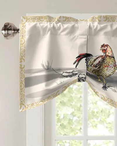 Vista 3 de Cenefas de amarre de gallo de granja para ventanas, cocina, baño/dormitorio, pintura de pollo de granja rústica, cenefa ajustable para ventana