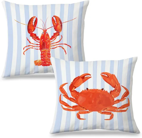 Vista 30 de Fundas de almohada costeras de langosta, fundas de almohada náuticas de langosta roja de Nueva Inglaterra con rayas azules y blancas para casa