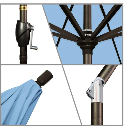Vista 3 de California Umbrella Sombrilla redonda de aluminio de 7.5 pies, manivela elevadora, botón de inclinación, poste de bronce, Sunbrella Air Blue