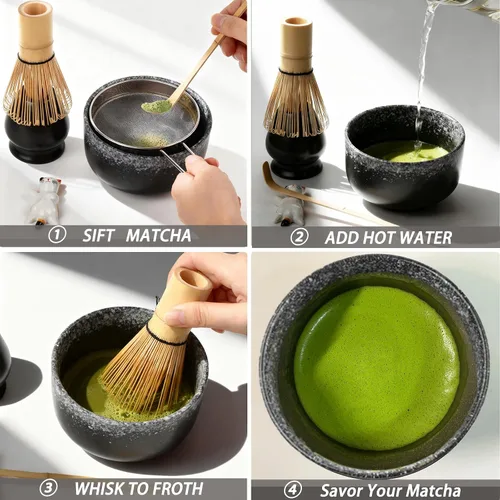 Vista 3 de Juego de batidor de matcha, juego de té Matcha incluido cuenco matcha, batidor de bambú matcha, cuchara, soporte para batidor de matcha, soporte