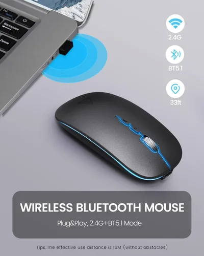 Vista 2 de Uineer Ratón Bluetooth LED, recargable Bluetooth inalámbrico (BT 5.1+2.4G), mouse silencioso para computadora portátil, MacBook, Windows, Mac