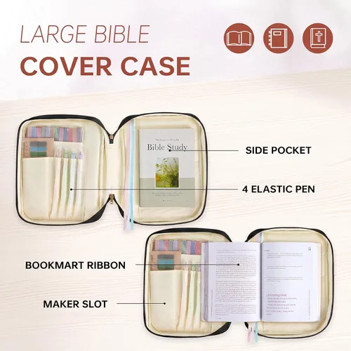 Vista 4 de Funda para la Biblia, funda para libro de la Biblia para mujeres y hombres, funda de transporte de lona, protector de libros acolchada de cuero