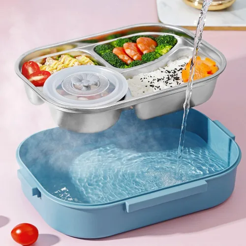 Vista 6 de Yosoo Lonchera de acero inoxidable, caja Bento portátil de 4 rejillas, contenedor de almacenamiento de alimentos para adultos, la tapa contiene Azul