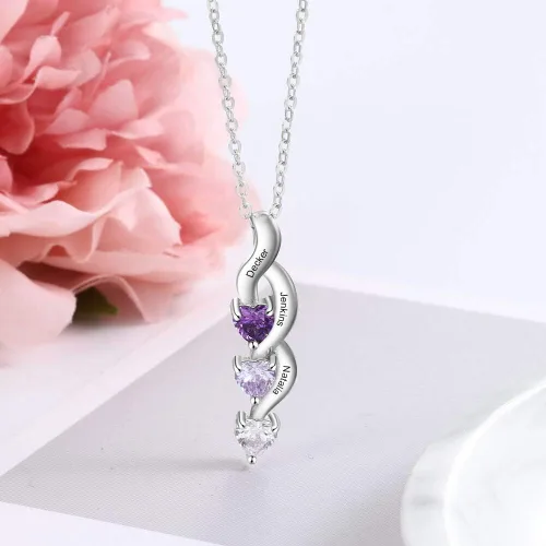 Vista 4 de Tian Zhi Jiao Collar personalizado de plata de ley para madres con 3 piedras natales de imitación grabadas, 3 nombres de niños, personalizado, dije
