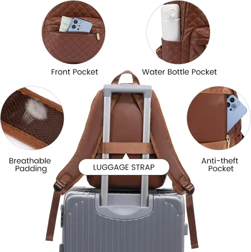 Vista 4 de LOVEVOOK Mochila pequeña acolchada para mujer, mochila de cuero, impermeable, para viajes de trabajo, Marrón, Compacto