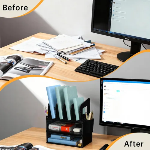 Vista 4 de CiWiVOKi Organizador de escritorio y accesorios, organizador de archivos de escritorio de 2 niveles con cajón acrílico y 2 soportes para bolígrafos