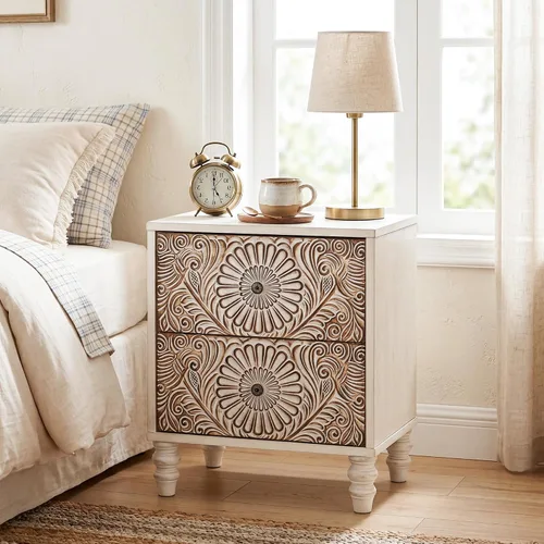 Vista 11 de HOMPUS - Mesa de noche blanca con cajón y almacenamiento, mesa de noche con motivo floral completamente ensamblada para espacios pequeños, mesa