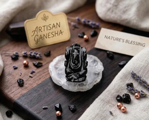 Vista 4 de Escultura de ganesha con piedra preciosa de ágata negra natural, signo de éxito y buena suerte.
