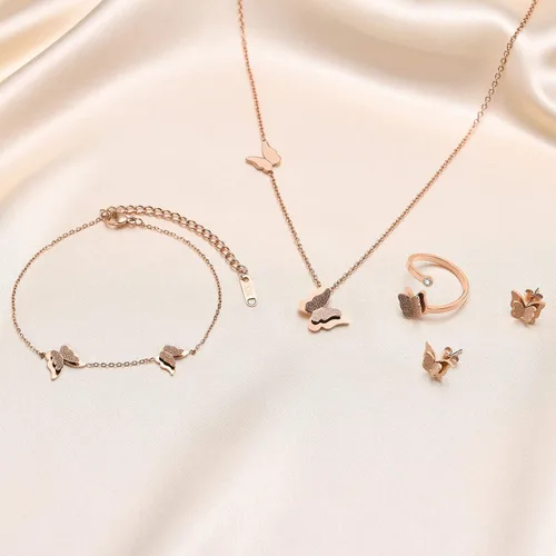 Vista 5 de VNOX Anillo de compromiso de acero inoxidable con circonita cúbica y mariposa con acabado mate ajustable collar y pulsera juego de joyas