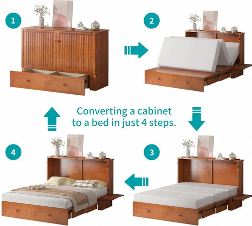 Vista 9 de BALUS 63" W Murphy Bed Queen, Murphy Cabinet Beds with Tri-Fold Mattress & USB Charging Station, Space-Saving Wooden Wall Bed Cabinet with 2 Large