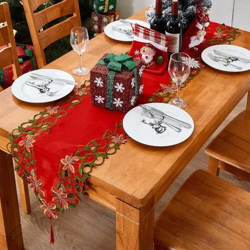 Vista 5 de AMARED Caminos de Mesa Bordados de Navidad con Calados de Hojas Verdes Manteles de Mesa Navideños para Decoraciones de Navidad 15x87 Pulgadas