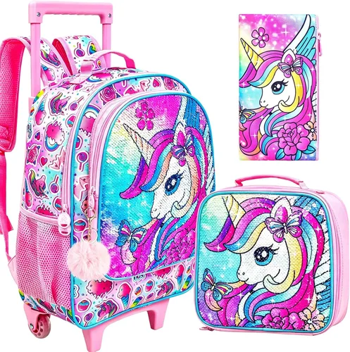 Vista 14 de Mochila con ruedas para niñas, Fox Kids School Mochilas con ruedas, mochila enrollable con lonchera para preescolar primaria (blanco)