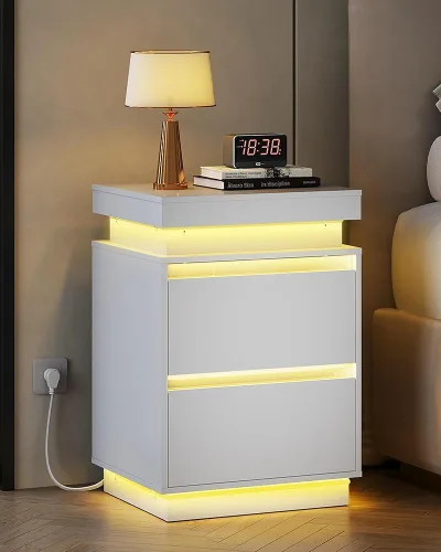 Vista 14 de WLIVE Mesita de noche negra con estación de carga y luces LED, mesita de noche con 2 cajones de madera y parte superior deslizante, mesa auxiliar