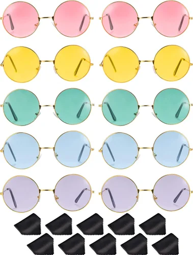Vista 7 de Blulu 10 pares de gafas de sol John Hippie retro redondas estilo 60 gafas de sol circulares para hombres y mujeres disfraces fiestas regalos