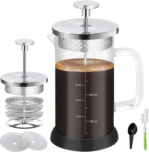 Vista 10 de YMMIND Cafetera de prensa francesa de 12 onzas, cafetera de té espresso con sistema de 4 filtros, émbolo de acero inoxidable y vidrio de Negro