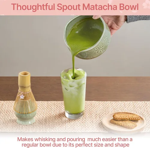 Vista 5 de Juego de batidor de matcha, kit de 8 piezas que incluye tazón, batidor de bambú y soporte, cuchara de bambú, colador de té, toalla de té, agitador