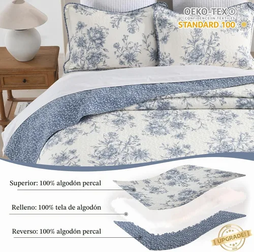 Vista 5 de Colcha Queen de Tamaño Extragrande 102x120 pulgadas - Juego de Edredón Queen de Tamaño Extragrande Reversible con Diseño Floral Botánico de Granja