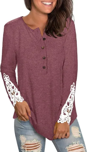 Vista 3 de WIHOLL Camisetas Henley de manga larga con cuello redondo y botones de encaje para mujer