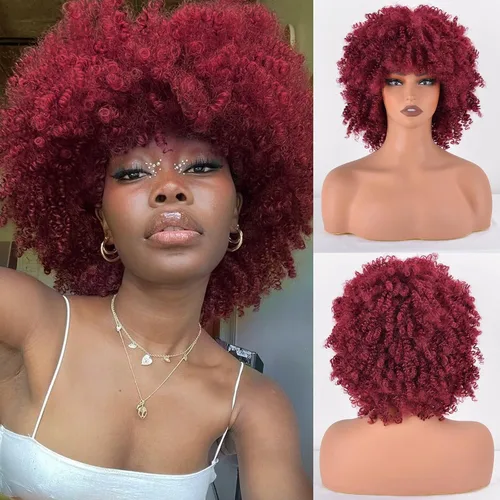 Vista 32 de Vitorish Peluca corta afro rizada con flequillo para mujeres negras, peluca sintética resistente al calor, color negro natural, para uso diario
