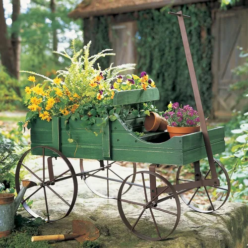 Vista 2 de Carreta Amish decorativa, maceta de jardín de atrás de interior y exterior, Estándar, Verde