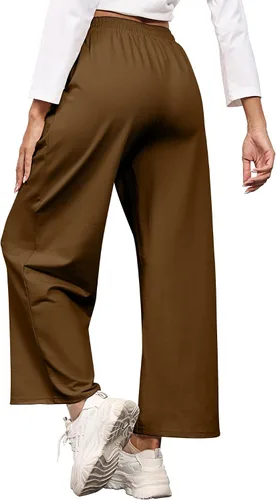Vista 5 de Locoowai Paquete de 2 pantalones deportivos de pierna recta para mujer, con cordón, cintura elástica, holgados, pierna ancha, pantalones casuales