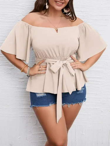 Vista 2 de SCOMCHIC Blusa peplum con hombros descubiertos para mujer, talla grande, media manga acampanada, cintura con lazo en la cintura, dobladillo
