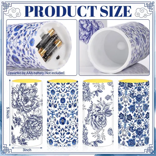 Vista 2 de Tiamon 4 piezas de velas de pilar sin llama estilo Chinoiserie LED, juego de velas de porcelana azul y blanca, operadas por batería, luz cálida