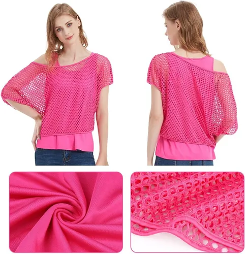 Vista 2 de WILDPARTY Camiseta casual sexy con hombros descubiertos para mujer, traje de los años 80 y 90, disfraz de los años 80, camisa de neón de red, camisa