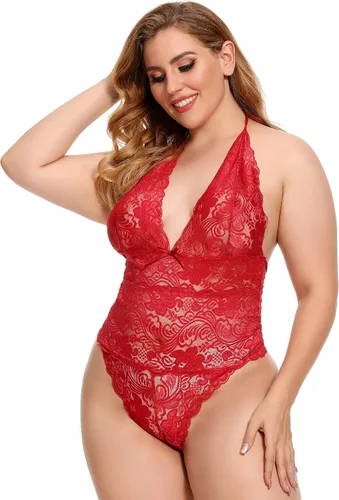 Vista 4 de Lencería para mujer de talla grande, body de encaje Halter sexy de una pieza con peluche.