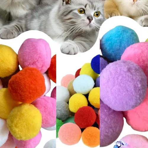 Vista 6 de Pelotas de pompones suaves de alta calidad para gatitos, ligeras, interactivas, varios colores, juguete de peluche para entrenamiento y juego