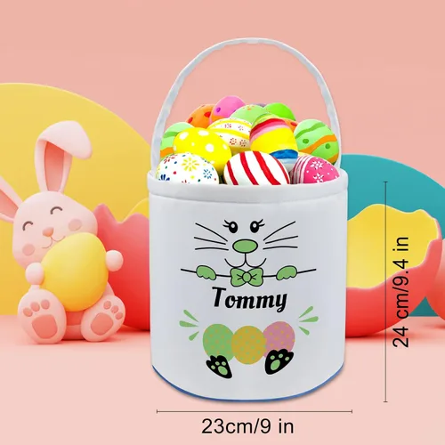 Vista 4 de Cesta de Pascua personalizada con nombre, bolsas de lona personalizadas para niños, cestas de Pascua para bebés, niños y niñas, color azul