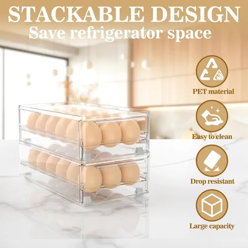 Vista 4 de Organizador de cajones de huevos para nevera, soporte transparente para 18 huevos con patas antideslizantes Fits all standard refrigerators