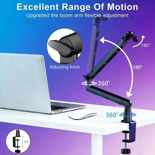 Vista 5 de Aqdocvf Brazo de brazo para micrófono: soporte de brazo de micrófono de metal resistente de bajo perfil con abrazadera de escritorio y gestión