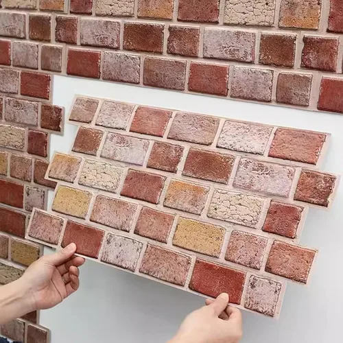 Vista 2 de SOVORM Paquete de 10 paneles de pared 3D de ladrillo sintético para despegar y pegar en marrón rojo, papel tapiz autoadhesivo para decoración