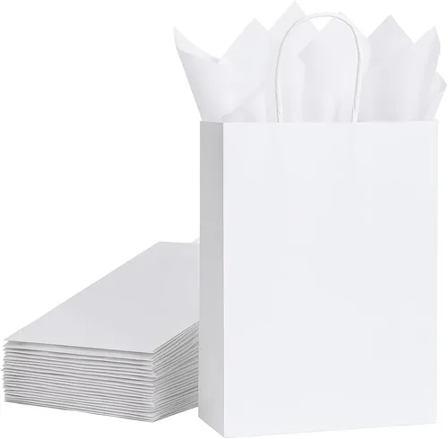 Vista 12 de SUNCOLOR Bolsas de regalo negras con asas, paquete de 24 bolsas pequeñas de papel kraft para fiestas, 7.9 x 5.12 x 3.15 pulgadas con papel de seda
